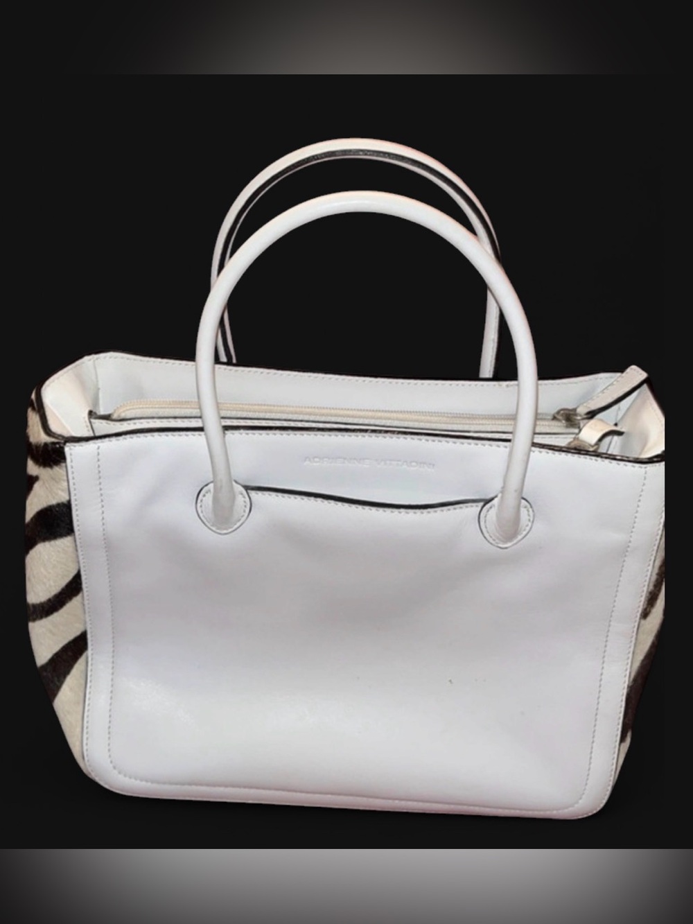 Adrienne Vittadini White Leather Satchel with Zebra-Accent Sides